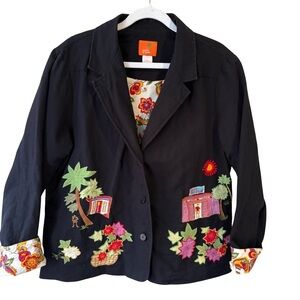 Hearts of Palm Black Tropical Floral Embroidered Cotton Blazer Women’s 16
